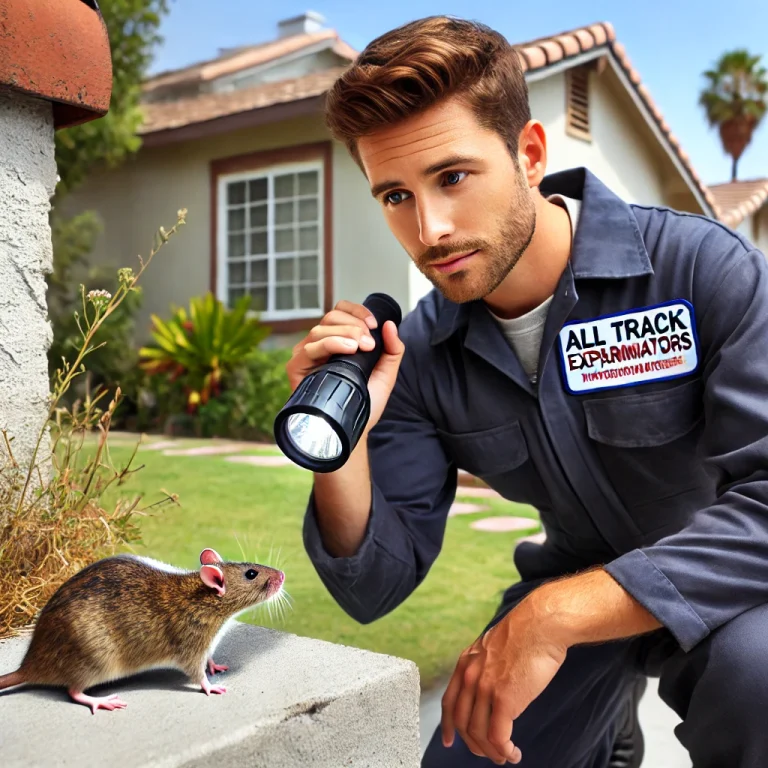 A-professional-male-pest-control-technician-wearing-a-uniform-with-an-All-Track-Exterminators-inspecting-a-Pasadena-home-for-rat