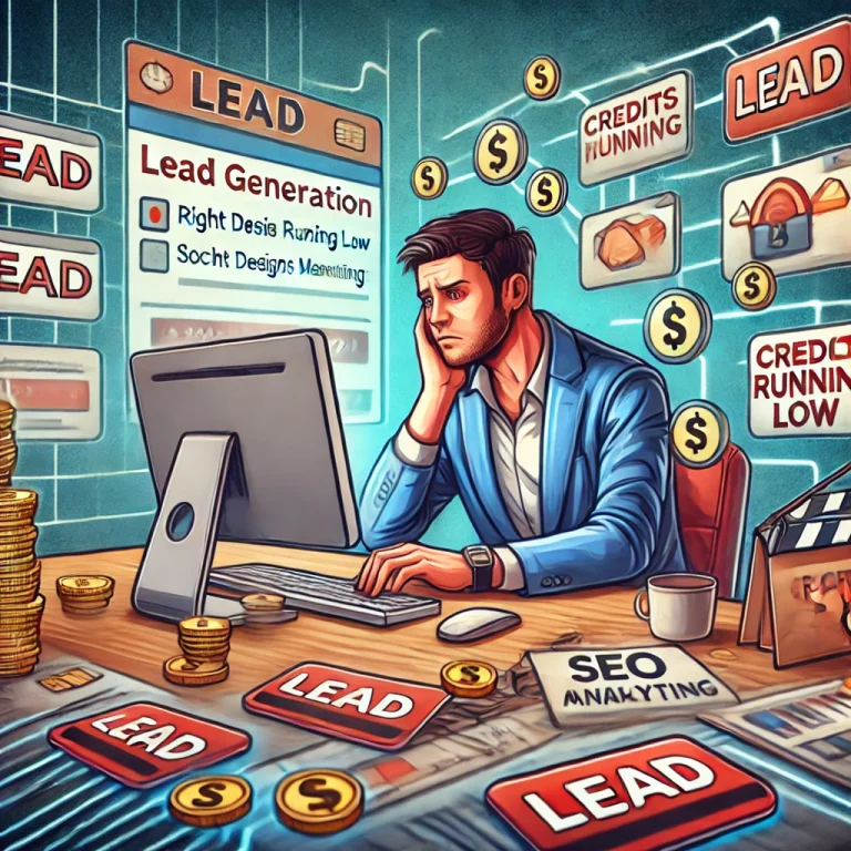 A conceptual digital illustration depicting the challenges of using an online lead generation platform, with a focus on Right Designs Marketing