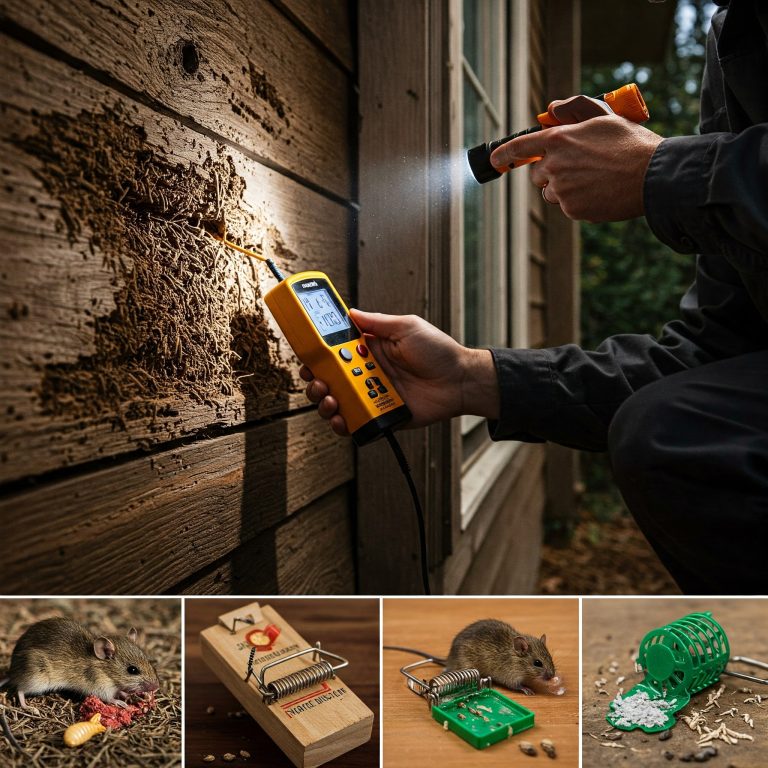A home inspector in a uniform shines a flashlight into a wall to inspect for termite damage There are visible signs of termite damage on the wall Altadena