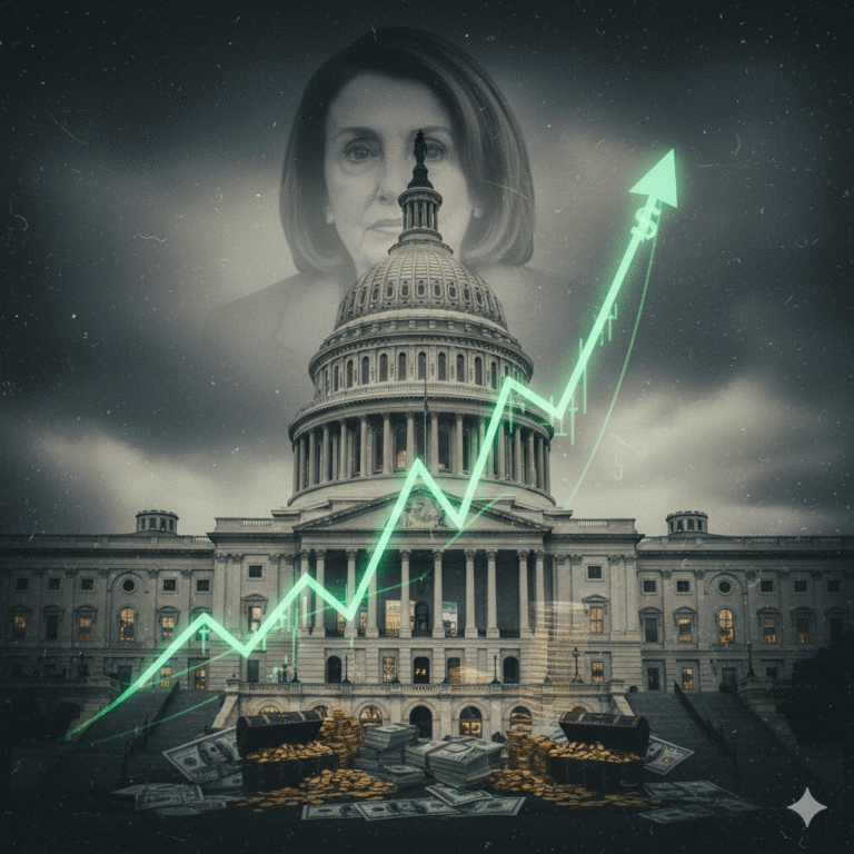 A symbolic image showing a gavel and a rising green stock chart, illustrating a conflict of interest. In the background are the U.S. Capitol building and a silhouette of Nancy Pelosi.