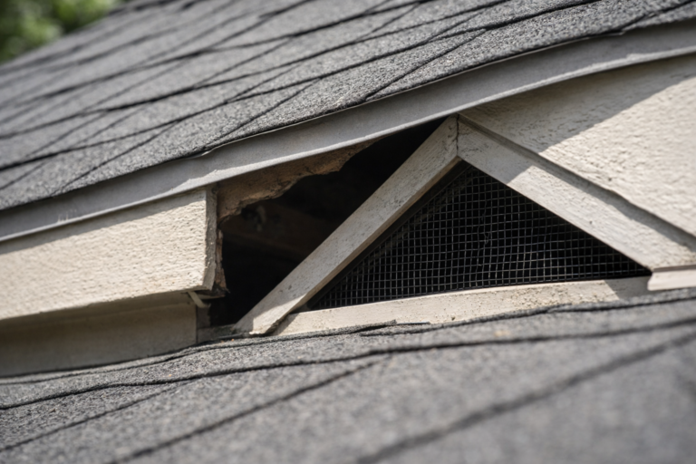 Close-up of Pasadena home roofline showing attic vent gap and potential rodent entry point, Pasadena rodent control, attic rodents, roof rat entry, rodent proofing Pasadena, San Gabriel Valley pest issues