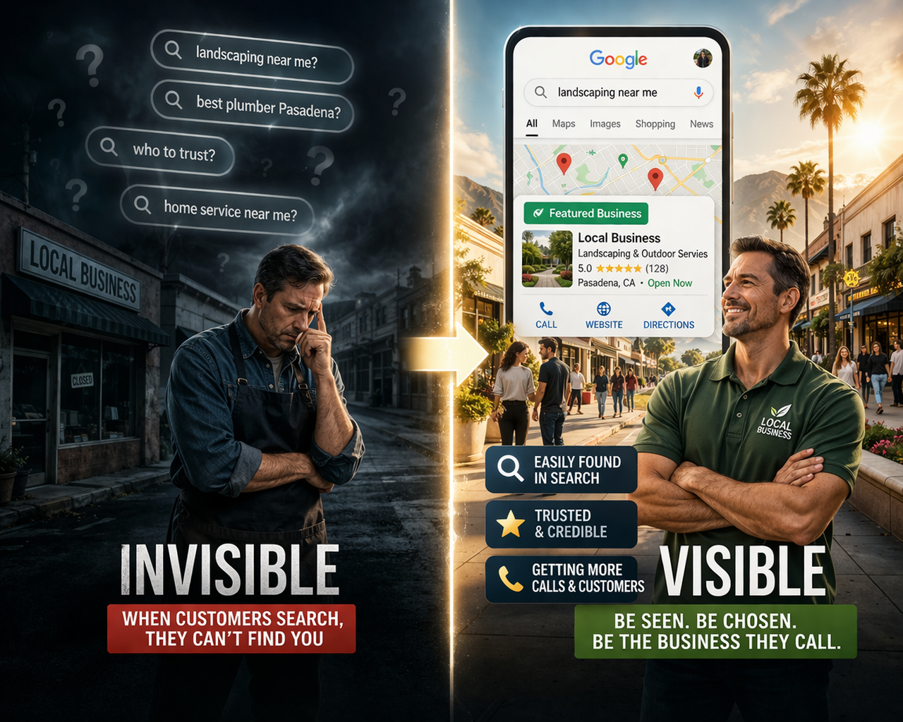 Local business visibility gap showing customers searching but not finding a business