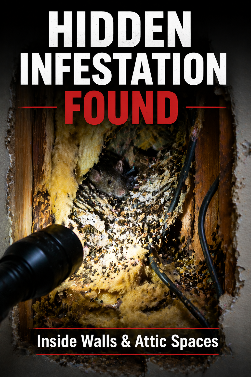 Hidden rodent infestation found inside wall and attic space in Arcadia CA showing nesting, droppings, and damage