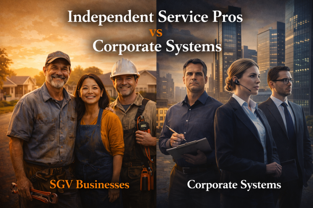 Independent service professionals in the San Gabriel Valley compared to corporate service systems highlighting local business value and community impact