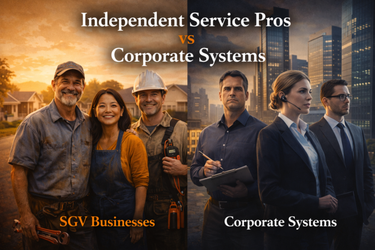 Independent service professionals in the San Gabriel Valley compared to corporate service systems highlighting local business value and community impact