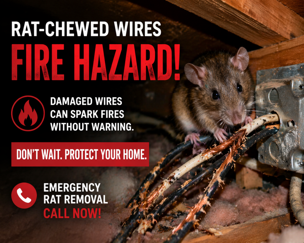 Rat chewed electrical wires attic Sierra Madre CA fire hazard rodent damage insulation