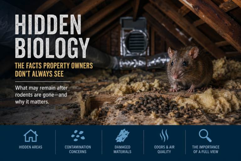 Hidden Biology concerns in attic space after rodent infestation including contaminated insulation and hidden property damage