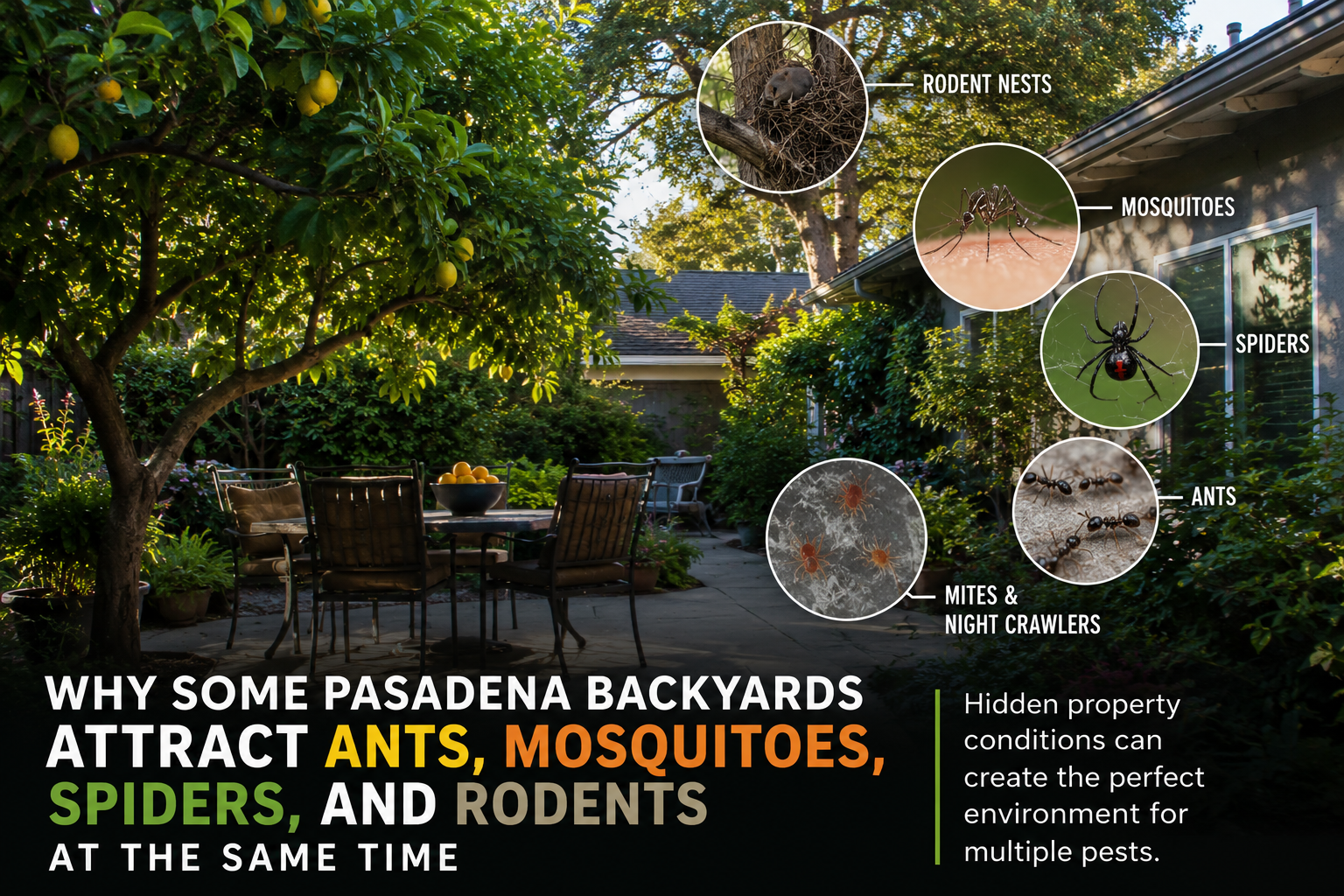Pasadena backyard with a lemon tree near a patio illustrating how hidden property conditions can attract ants, mosquitoes, spiders, rodents, and other outdoor pests.
