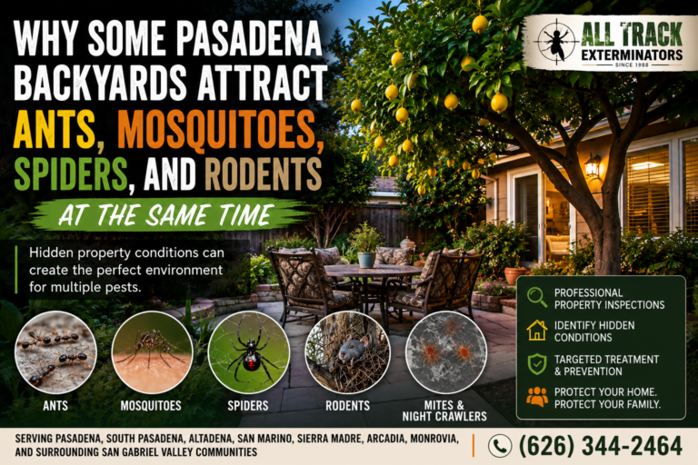 Featured image showing a Pasadena backyard with a lemon tree beside a patio illustrating how hidden property conditions can attract ants, mosquitoes, spiders, rodents, and nighttime pests.